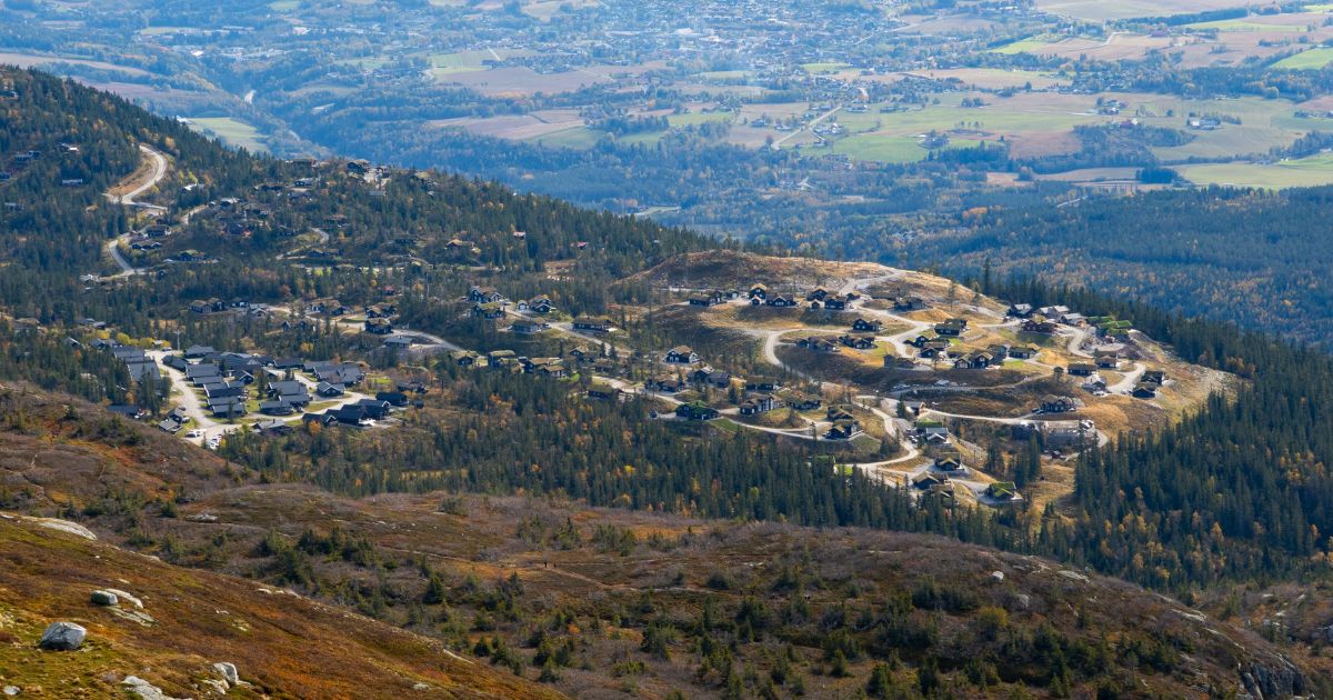 Hytter i skogen sett fra fjellet.