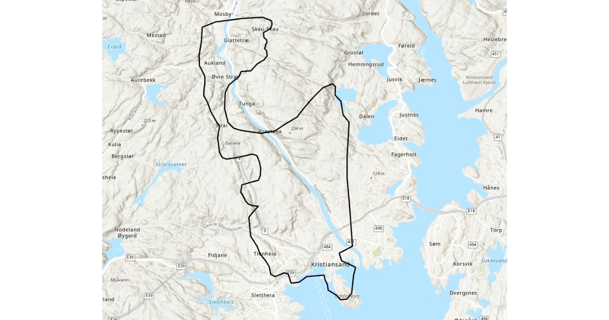 Kart over kommunen med regulert område tegnet inn.