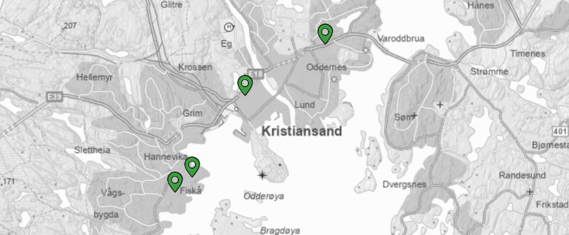 Kart over målestasjonene i Kristiansand. 